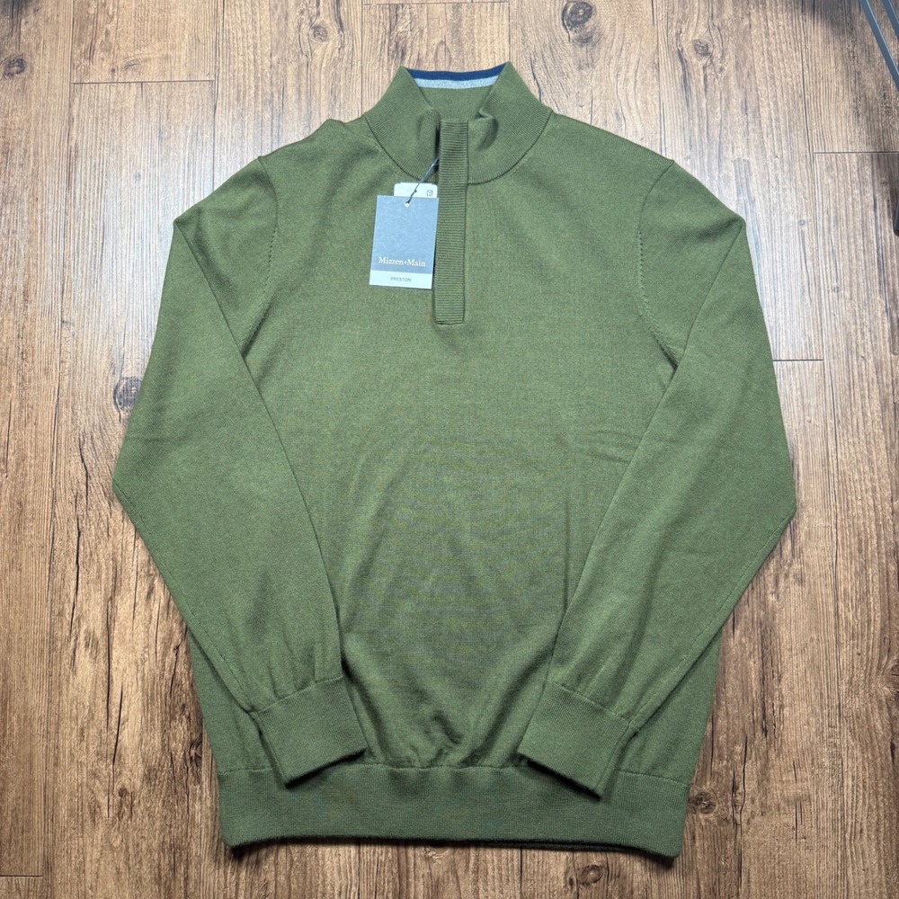 Mizzen Main Preston Quarter Zip Sweater Mens L Dark Green Merino Wool Preppy NWT - Picture 2 of 11